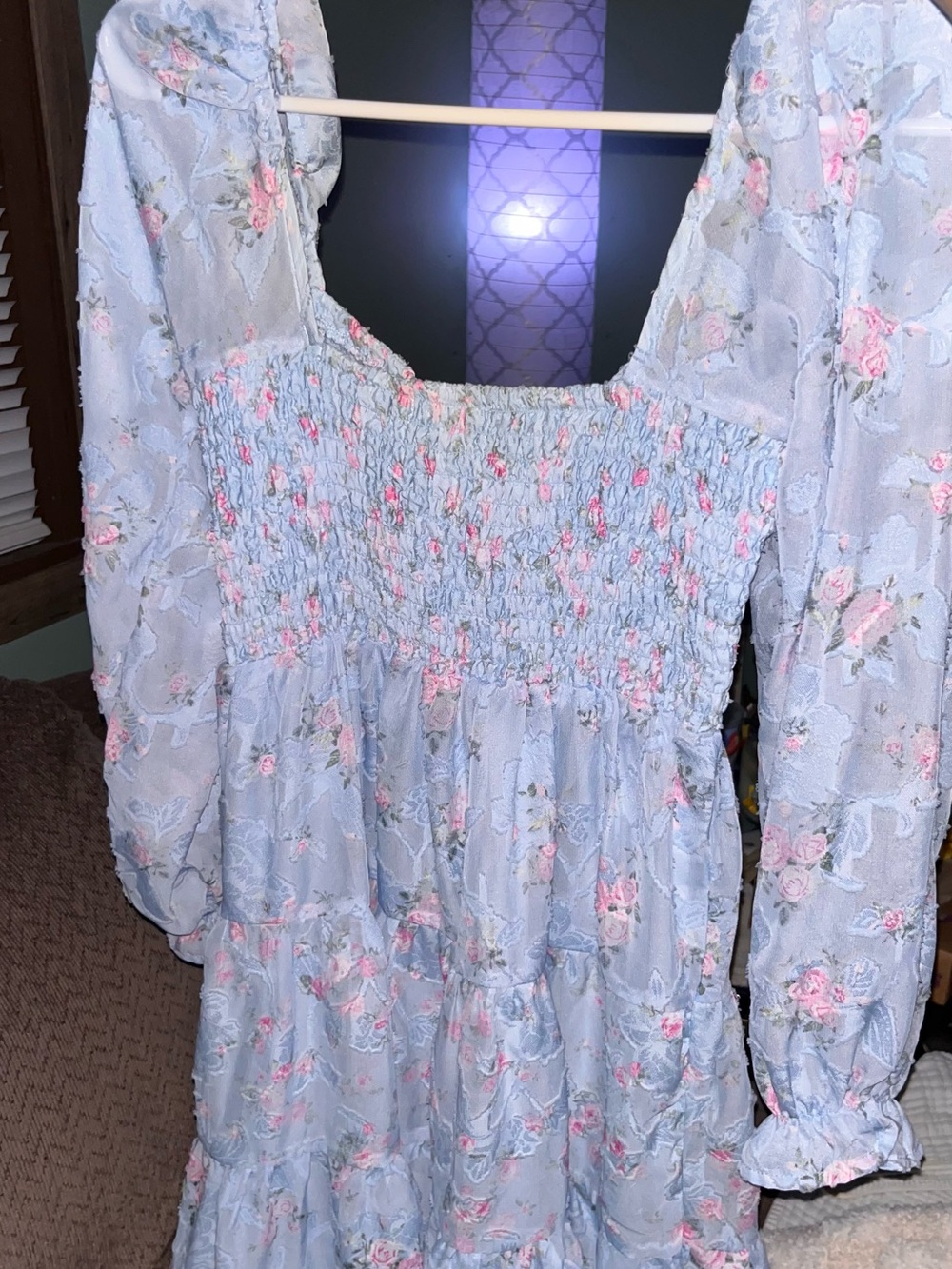 Floral Smocked Square-Neck Long Sleeve Dress - Light Blue
